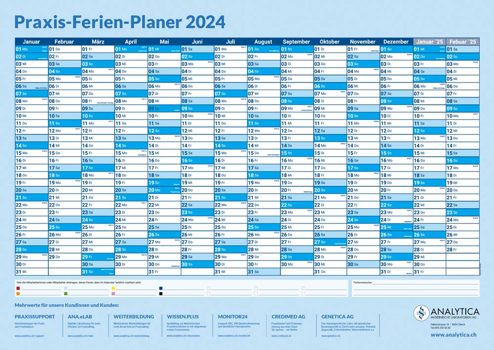 Der ANALYTICA Ferien Planer für Arztpraxen für das Jahr 2024